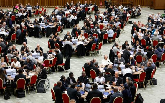 Members of the assembly of the Synod of Bishops start a working session in the Vatican's Paul VI Audience Hall Oct. 18. (CNS/Lola Gomez)