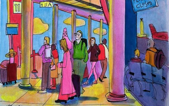 Colorful illustration of people walking in airport. Large windows are behind them.