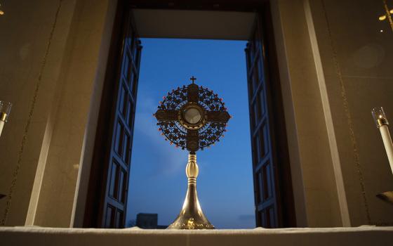 A monstrance holding the Blessed Sacrament for eucharistic adoration is seen at the Basilica of the National Shrine of the Immaculate Conception in Washington March 11, 2021, amid the coronavirus pandemic. (CNS/Tyler Orsburn)