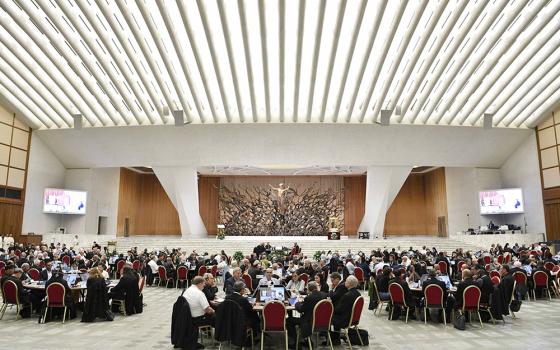 Members of the assembly of the Synod of Bishops gather for morning prayer Oct. 27, 2023, in the Paul VI Audience Hall at the Vatican. (CNS/Vatican Media)