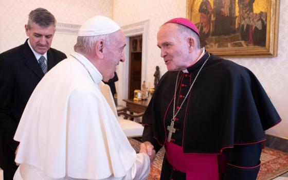 Pope Francis greets Bishop David M. O'Connell of Trenton, N.J., during a meeting with U.S. bishops from New Jersey and Pennsylvania in the Apostolic Palace at the Vatican Nov. 28, 2019. Bishop O'Connell suffered a heart attack Jan. 4, 2024, while in Rome and was taken to Santo Spirito hospital where he had emergency surgery to open a completely closed artery, according to a Jan. 5 diocesan statement. (OSV News photo/Vatican Media)