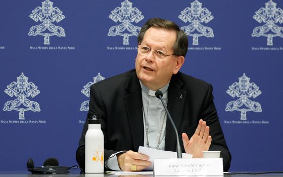 Canadian Cardinal Gérald Lacroix of Québec speaks during an Oct. 11, 2023, briefing about the assembly of the Synod of Bishops at the Vatican. (CNS/Lola Gomez)