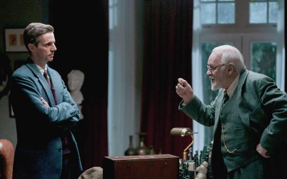 Matthew Goode as C.S. Lewis (left) and Anthony Hopkins as Sigmund Freud in the film "Freud’s Last Session" (Courtesy of Sony Pictures Classics/Sabrina Lantos)