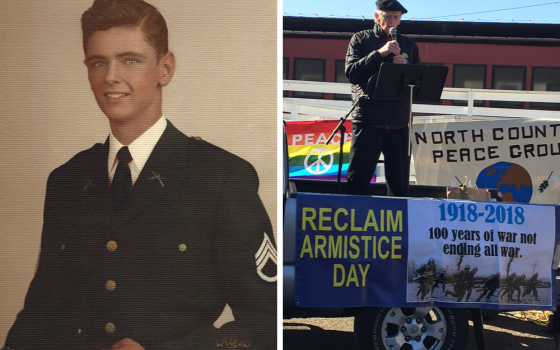 At left, Bill McNulty is pictured in a school portrait from St. Francis Xavier Military High School in New York, where he was part of the ROTC program; in a 2018 photo (right), McNulty speaks at a gathering marking the 100th anniversary of Armistice Day, held in Port Jefferson, New York. (Courtesy of Bill McNulty and Myrna Gordon)