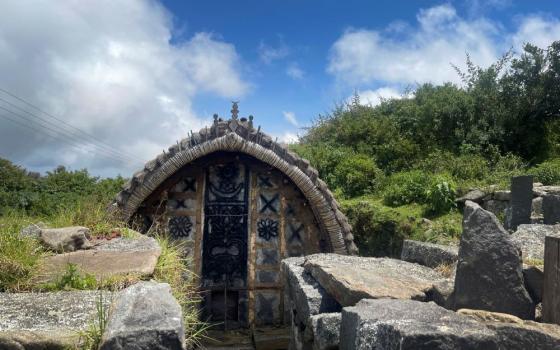 A temple constructed by the Indigenous Toda tribe in the Nilgiris Hills of southern India, on Aug. 31, 2023. This temple is located in the heart of a sacred grassland and Toda settlement known as Muttunad Mund near Kotagiri, India. (AP Photo/Deepa Bharath)