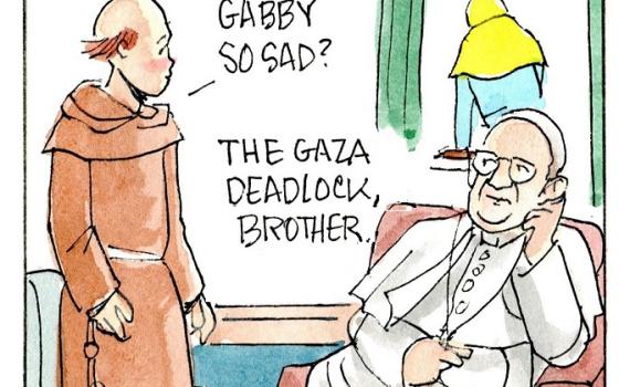 Francis, the comic strip: Brother Leo and Francis discuss the tension in Gaza.