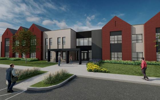 This is an architect's rendering of the resident entry for the Bridge Housing Campus in Detroit, scheduled to open in May. It features 40 studio apartments, a group dining room, classrooms, barber shop, dental and medical clinics, gym and a nondenominational chapel. 