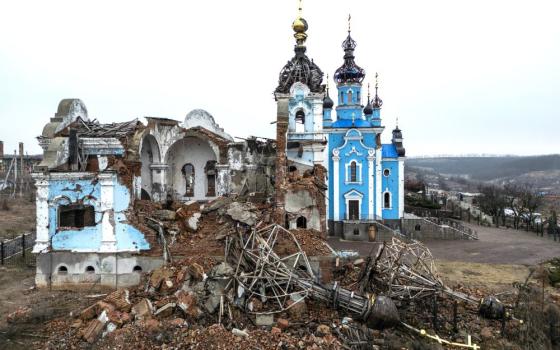 A church destroyed by a Russian attack on the village of Bohorodychne in Ukraine's Donetsk region is pictured on Feb. 13.