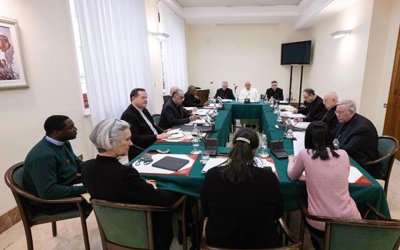 Pope Francis and his international Council of Cardinals continue their discussion of women's role in the church at the Vatican Feb. 5, 2024. Pictured, clockwise from the left, are: Cardinals Gérald Lacroix of Québec; Juan José Omella Omella of Barcelona; Seán O'Malley of Boston; Fridolin Ambongo Besungu of Kinshasa, Congo; and Pietro Parolin, Vatican secretary of state. Continuing, to the right of the pope are: Bishop Marco Mellino, council secretary; and Cardinals Oswald Gracias of Mumbai, India; Sérgio da