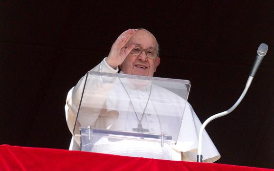 Pope Francis greets visitors gathered to pray the Angelus in St. Peter’s Square at the Vatican Feb. 25, 2024. (CNS/Vatican Media) 