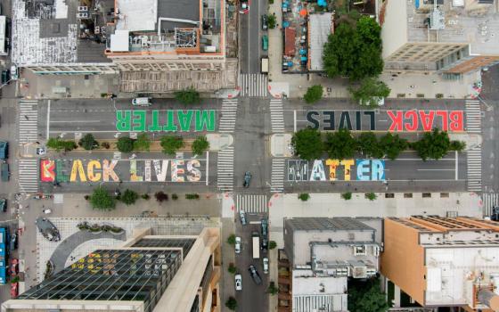 An aerial view of a "Black Lives Matter" mural is seen in the Harlem neighborhood of New York City on July 7, 2020. 