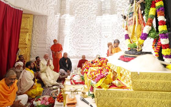 Indian Prime Minister Narendra Modi prays during the dedication of a large Hindu shrine in the city of Ayodhya Jan. 22. It was built on top of the ruins of a 16th-century mosque that was destroyed by Hindu mobs in 1992. (Wikimedia Commons/Government of India)