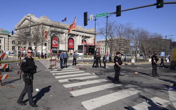 Police cordon off the area around Union Station following a shooting at the Kansas City Chiefs NFL football Super Bowl celebration in Kansas City, Missouri, Feb. 14. (AP/Reed Hoffmann)