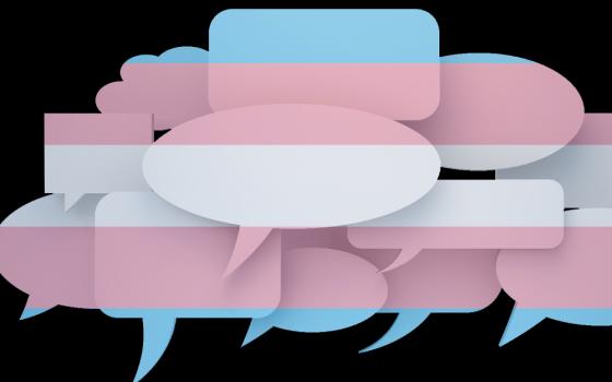 Speech bubbles with the colors of the transgender flag (NCR graphic/Teresa Malcolm; Dreamstime/123dartist; Wikimedia Commons)