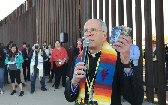 ishop Mark Seitz of El Paso, Texas, is seen Feb. 26, 2019, at the U.S.-Mexico border wall. Seitz spoke of a "broader, brutal, historical project in Texas to criminalize and police people who migrate" during a lecture March 18 at Fairfield University. (OSV News/David Agren)