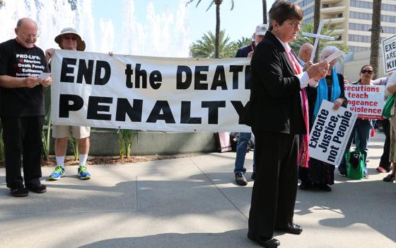 Sr. Helen Prejean, a death penalty abolitionist, is seen in Anaheim, California, calling for an end to the death penalty in this 2016 file photo. In a statement issued through the progressive group MoveOn, the Sister of St. Joseph said her mission was both to serve as Texas death-row inmate Ivan Cantu's spiritual adviser during his incarceration and "publicly share the injustice" of his execution Feb. 28, 2024. (OSV News/CNS file/The Tidings/J.D. Long-Garcia)