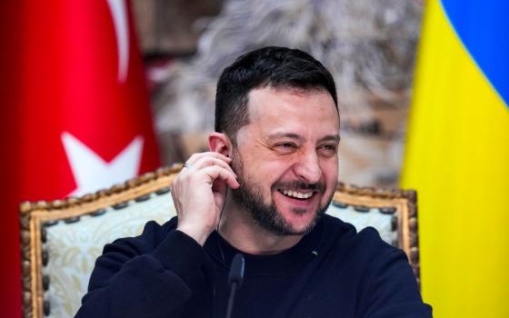 Ukrainian President Volodymyr Zelenskyy smiles during a joint news conference with Turkish President Recep Tayyip Erdogan following their meeting at Dolmabahce Palace in Istanbul, Turkey, on March 8.