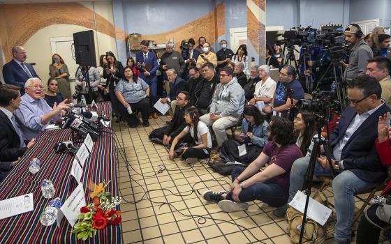 Ruben Garcia, second from left, founder and director of Annunciation House, a network of migrants shelters in El Paso, Texas, speaks during a news conference Feb. 23. Garcia is reacting to the lawsuit filed by Texas Attorney General Ken Paxton that claims the Annunciation House "appears to be engaged in the business of human smuggling" and is threatening to terminate the nonprofit's right to operate in Texas. (AP photo/Andres Leighton)