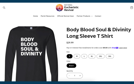 A screengrab displays The "Body, Blood, Soul & Divinity" T-shirt available for purchase via the store of the National Eucharistic Revival website. (NCR screengrab)