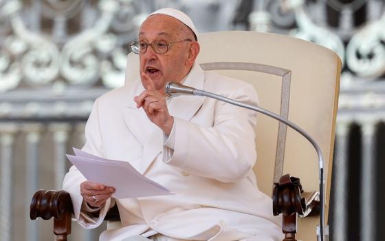 Pope Francis speaks to members of the Italian Catholic Action lay association gathered in St. Peter's Square during a meeting at the Vatican April 25, 2024. (CNS/Lola Gomez)