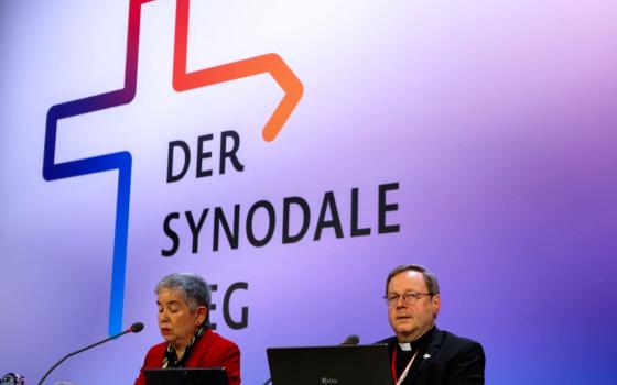 Irme Stetter-Karp, president of the Central Committee of German Catholics and co-chair of the Synodal Path, and Bishop Georg Bätzing, president of the German bishops' conference, attend the fifth synodal assembly in Frankfurt March 9, 2023. (OSV News/Reuters/Heiko Becker)