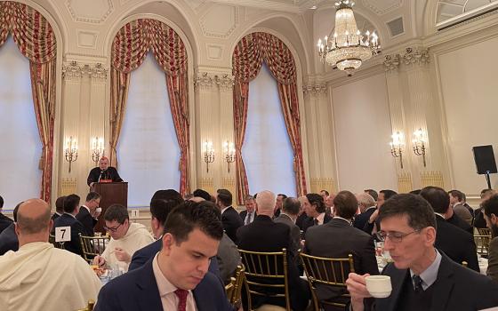 Retired U.S. Cardinal Raymond Burke speaks to the New York Men's Leadership Forum on April 23. (NCR photo/Camillo Barone)