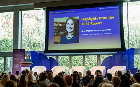 Ann McElaney-Johnson, president of Mount St. Mary's University, Los Angeles is seen speaking at the Skirball Cultural Center for the release of the 13th edition of "The Report on the Status of Women and Girls in California." (Courtesy of Mount St. Mary's University, Los Angeles)