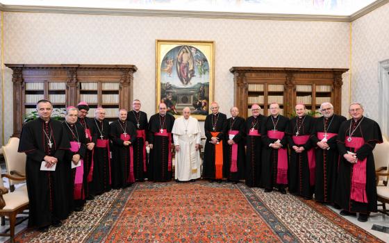 Bishops line up around Pope Francis in apostolic library. 