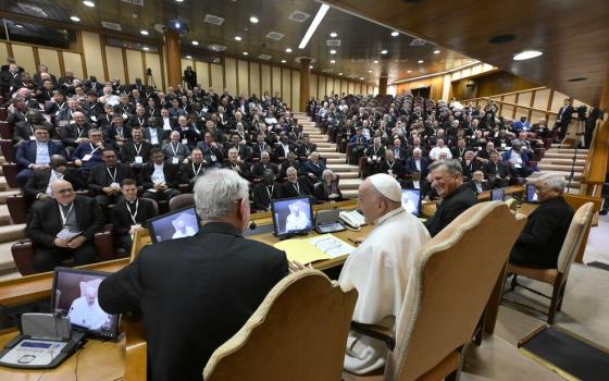 Pope pictured from behind, in front of him is audience hall filled with priests. 