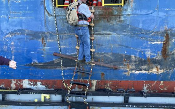 Middleton, on ladder wearing backpack, turns to look at camera. 