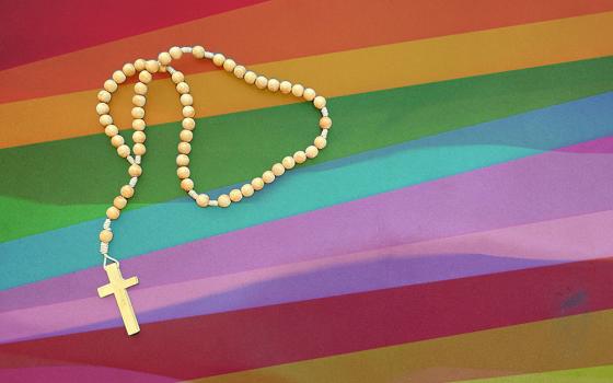 Cream-colored rosary on rainbow background (NCR illustration/Unsplash/S. Turby, Katie)