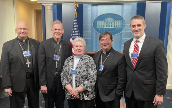 Bishop Edward Weisenburger of Tucson, Arizona, from left, Archbishop John Wester of Santa Fe, New Mexico, Sister Carol Zinn, Bishop Joseph Tyson of Yakima, Washington, and Lonnie Ellis at the White House, Nov. 17, 2023, for a meeting about climate change. (Photo © In Solidarity)