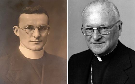 A portrait of Bishop Carroll McCormick, left, that the bishop signed and gave to family members; at right, a CNS file photo of McCormick, who headed the Diocese of Scranton, Pennsylvania, for 17 years. (Courtesy of Stephanie Mansfield; CNS file/John Zierten)