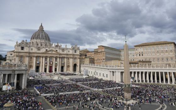 Aerial view of St. Peter's Square on cloudy day. 