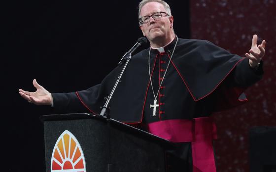 Bishop Robert Barron of Winona-Rochester, Minnesota, speaks during the July 20, 2024, revival night of the National Eucharistic Congress at Lucas Oil Stadium in Indianapolis. (OSV News/Bob Roller)
