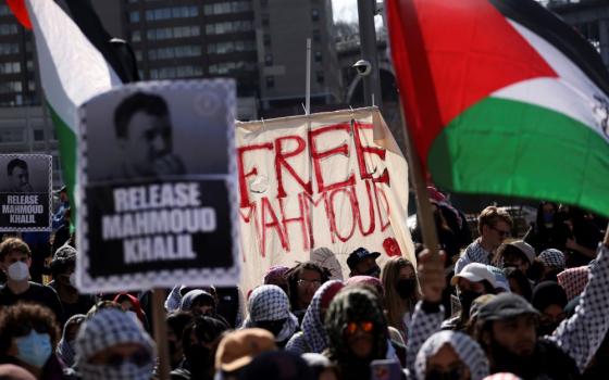 Protesters rally in support of detained Palestinian activist Mahmoud Khalil, Friday, March 14 in New York.