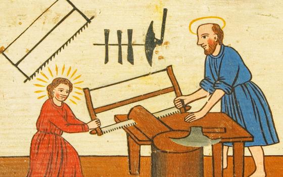 A painting on a panel of a 19th-century beehive from Slovenia depicts St. Joseph and the Child Jesus at work in carpentry. (Wikimedia Commons/Museum of Apiculture, Radovljica)