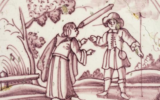 A glazed painted tile illustrates Jesus' parable of the splinter and the beam, from the Netherlands, 1750-1850 (Wikimedia Commons/Museum Rotterdam)