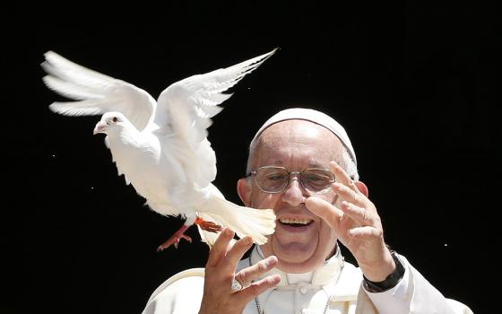 Pope Francis releases a dove as a sign of peace outside the Basilica of St. Nicholas after meeting with the leaders of Christian churches in Bari, Italy, July 7, 2018. (CNS/Paul Haring)