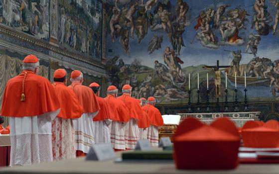 Cardinals from around the world line up in the Vatican's Sistine Chapel March 12, 2013, to take their oaths at the beginning of the conclave to elect a successor to Pope Benedict XVI. The following day, on the fifth ballot, they elected Cardinal Jorge Mario Bergoglio of Buenos Aires, Argentina, who chose the name Francis. (CNS/Vatican Media)
