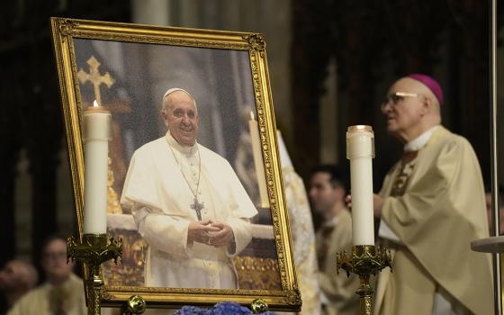 A portrait of Pope Francis is seen in the sanctuary of St. Patrick's Cathedral in New York City during a memorial Mass for the late pontiff April 22, 2025. Francis, formerly Argentine Cardinal Jorge Mario Bergoglio, died April 21 at age 88. (OSV News/Gregory A. Shemitz)