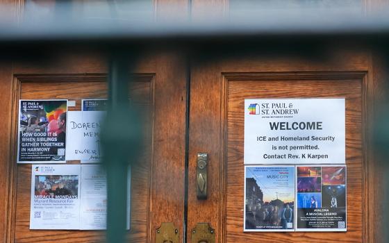 A sign that prohibits the entrance of ICE or Homeland Security is posted on a door at St. Paul and St. Andrew United Methodist Church in New York, Jan. 21, 2025. (AP/Seth Wenig, File)