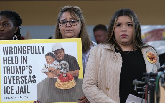 Jennifer Vasquez Sura, the wife of Kilmar Abrego Garcia of Maryland, who was mistakenly deported to El Salvador, right, stands with supporters during a news conference April 4 at CASA's Multicultural Center in Hyattsville, Maryland. (AP photo/Jose Luis Magana)