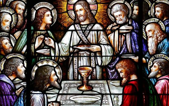 Jesus and his apostles at the Last Supper, depicted in a stained glass window at St. Aloysius Church in Great Neck, New York, in this undated file photo. Today's Gospel comes from Jesus' last discourse, John's record of Jesus' long dinner conversation on the night of his betrayal. (OSV News/Gregory A. Shemitz)