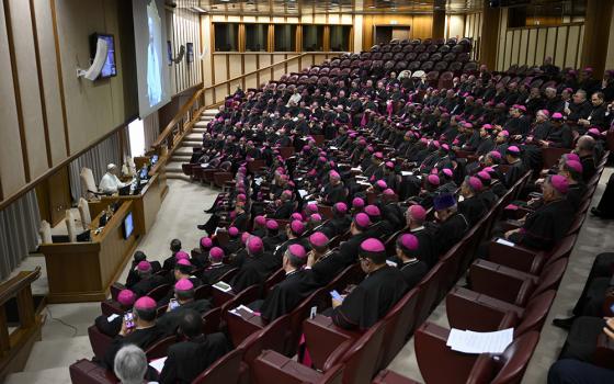 Pope Leo XIV meets at the Vatican Sept. 11, 2025, with newly appointed bishops, including about a dozen from the United States, who were in Rome for a Vatican-sponsored course for new bishops. (CNS/Vatican Media)
