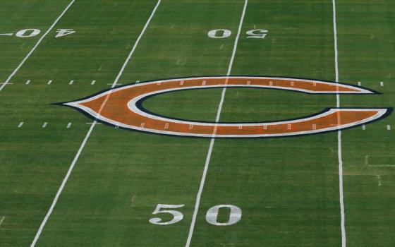 Chicago Bears logo is seen on the field prior to an NFL football game between the Chicago Bears and Minnesota Vikings Sept. 8 in Chicago. The Vikings won, 27-24. (AP/Kamil Krzaczynski)