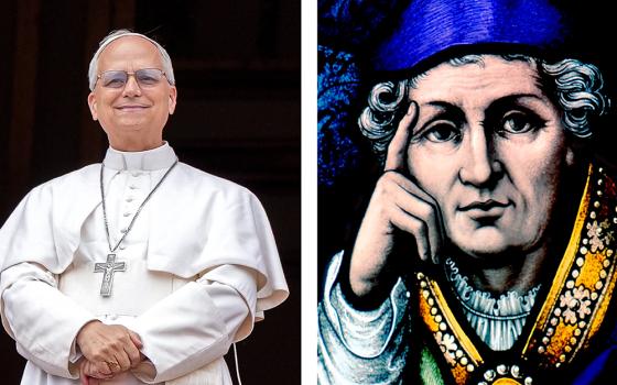 This is a combination of Pope Leo XIV looking out to the crowd from St. Peter's Basilica at the Vatican as he leads the "Regina Coeli" prayer for the first time May 11, 2025, and St. Augustine of Hippo depicted in this stained-glass art in Winnipeg, Manitoba. (OSV News photos/CNS photo/Crosiers/Lola Gomez)