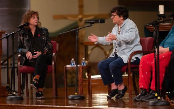 Sr. Helen Prejean, right, discusses "Dead Man Walking," with actress Susan Sarandon, who won an Academy Award for portraying Prejean in the movie version of Prejean's memoir. They spoke at a Nov. 6 New York book lunch of the illustrated graphic version of the memoir. (Fordham University/Leo Sorel)