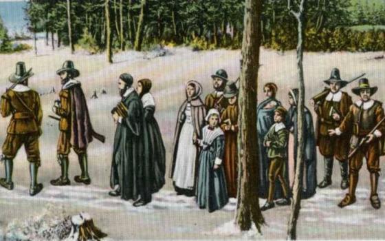 Postcard depicts first Thanksgiving.