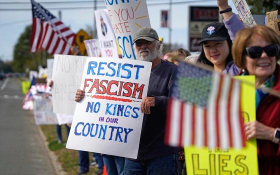 Protesters gather to denounce President Donald Trump's behavior and policies during a "No Kings" rally in Miller Place, N.Y., Oct. 18, 2025. Similar demonstrations took place throughout the day in cities and towns across the nation, drawing millions of participants. (OSV News/Gregory A. Shemitz)
